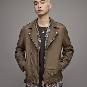 NWT AllSaints Milo Men’s Leather Jacket Army/Khaki Green in Size Medium